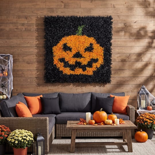 40" x 40" UV Resistant Artificial Halloween Boxwood Jack-o'-Lantern Wall Décor Mat